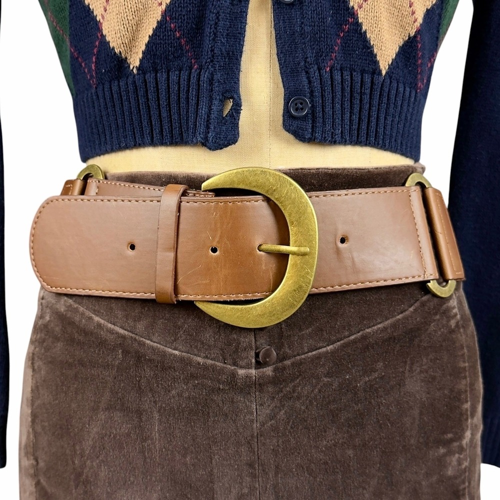 70s Brown Wide Waist Belt Chunky Brass Buckle Antique Boho Equestrian OS